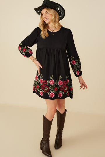 HY8814W Mustard Plus Embroidered Detail Long Sleeve Scoop Neck Dress Pose